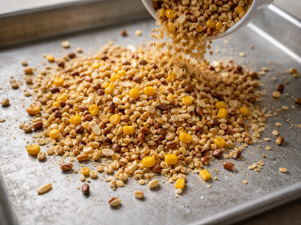 Cracked corn, wheat, barley, milo, and oat groats poured onto a simple tray in soft natural light.