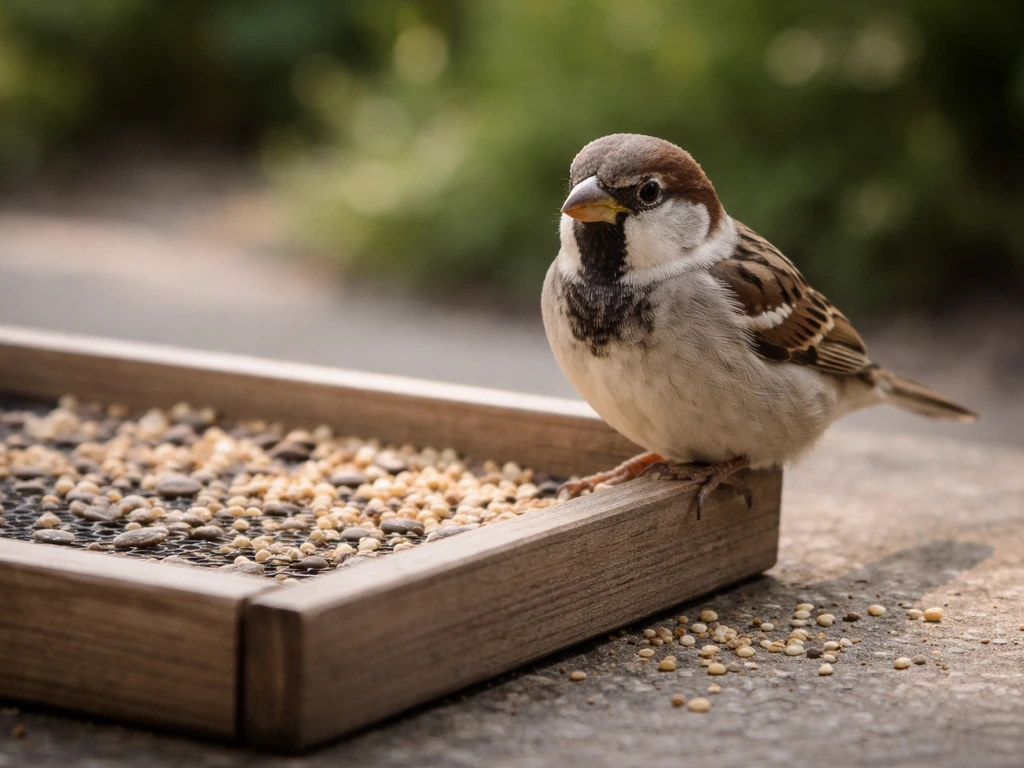 A small wild bird perched at a tray feeder with a few grains of chicken scratch scattered nearby.
