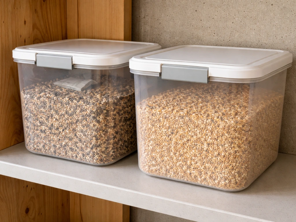 Airtight hard-sided containers with dry bird seed and chicken scratch stored off the floor in a clean space.
