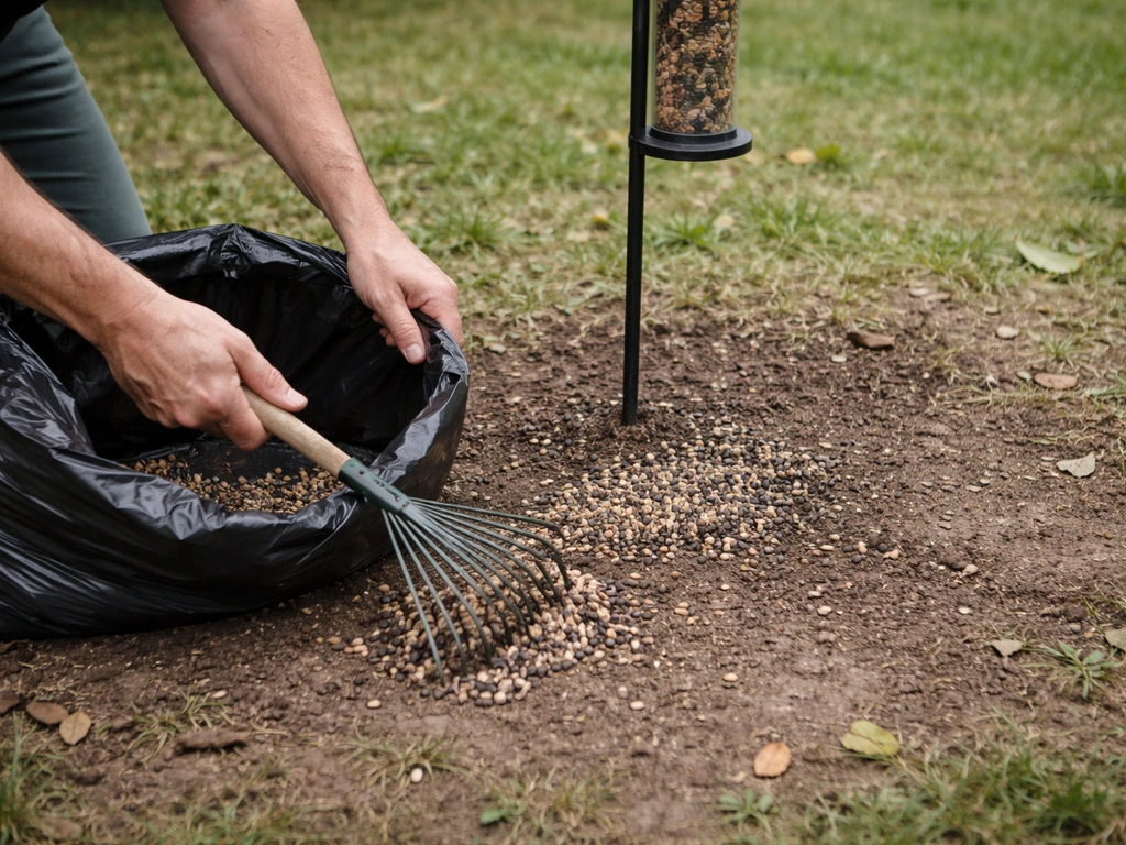 Person raking seed hulls and droppings under a bird feeder into a disposal bag, leaving the ground clean