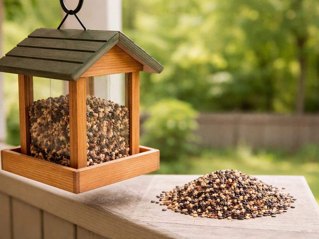 Close-up of a filled backyard bird feeder with a small measured pile of bird seed nearby