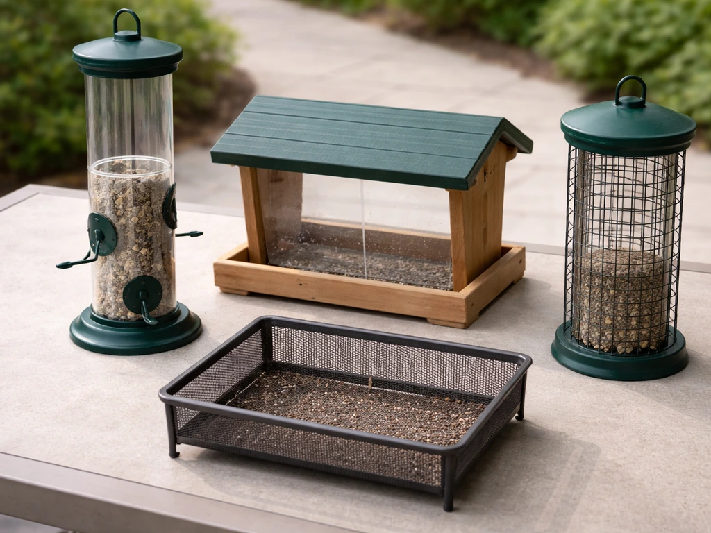 Four bird feeders on a patio table, empty and ready, with subtle visual fill levels.