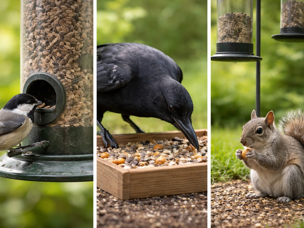 Three separate feeder scenes showing small songbirds, larger birds, and a squirrel eating distinct portions.
