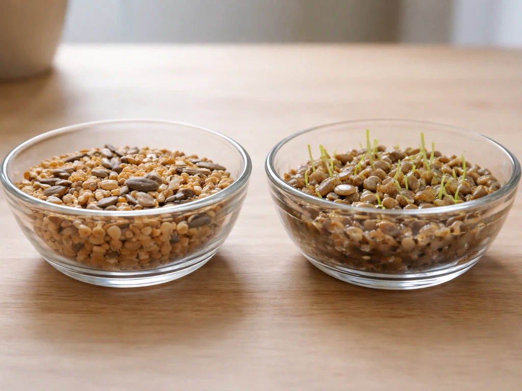 Two glass bowls of bird seed: one dry and fresh, the other wet and sprouting.