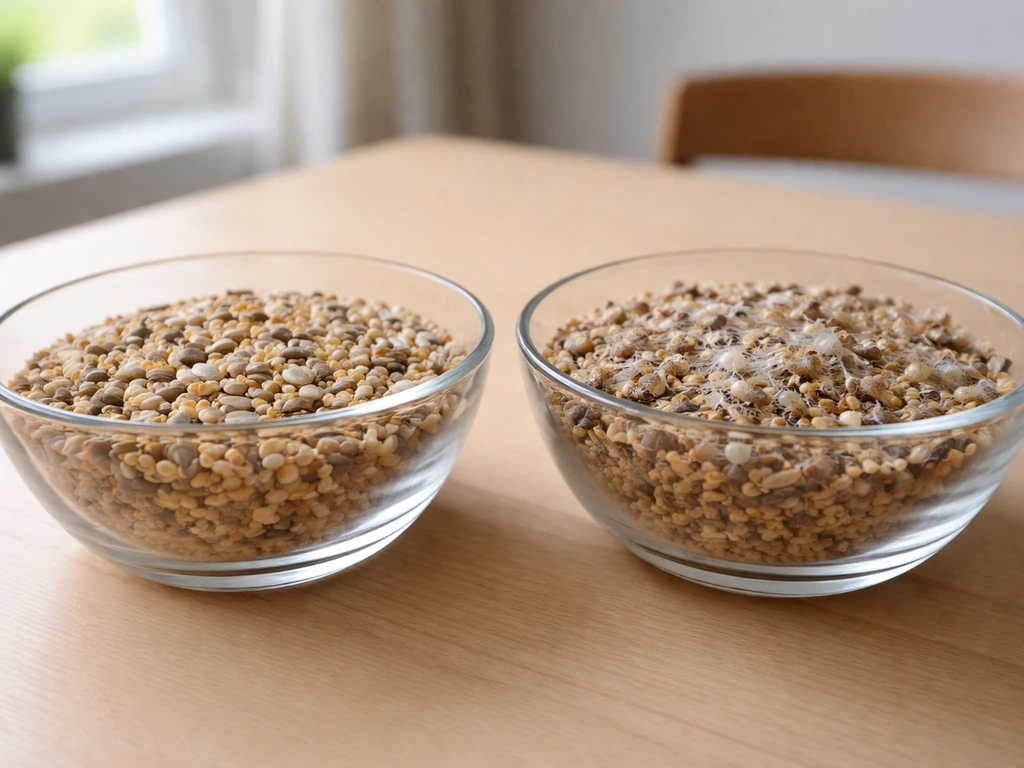 Side-by-side bowls of bird seed: one clean, one with visible webbing and moth-like larvae