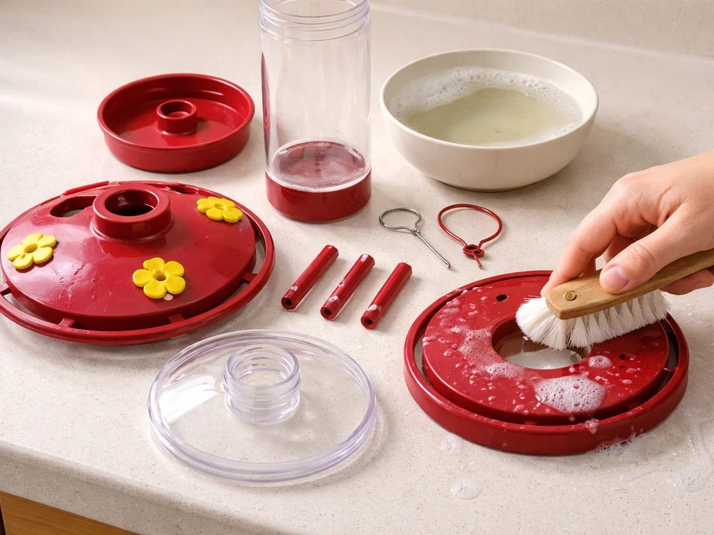 Bird feeder parts laid out on a counter with a brush scrubbing ports and lid grooves in soapy water.