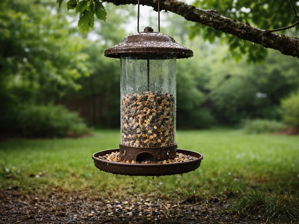 Damp bird seed on a rain-wet feeder tray with scattered grains on wet ground beneath.