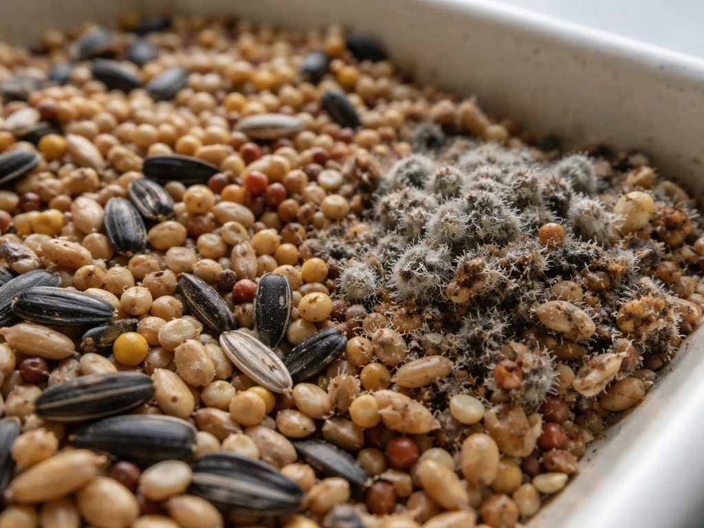 Close-up of bird seed showing loose slightly damp seeds beside a small moldy clump