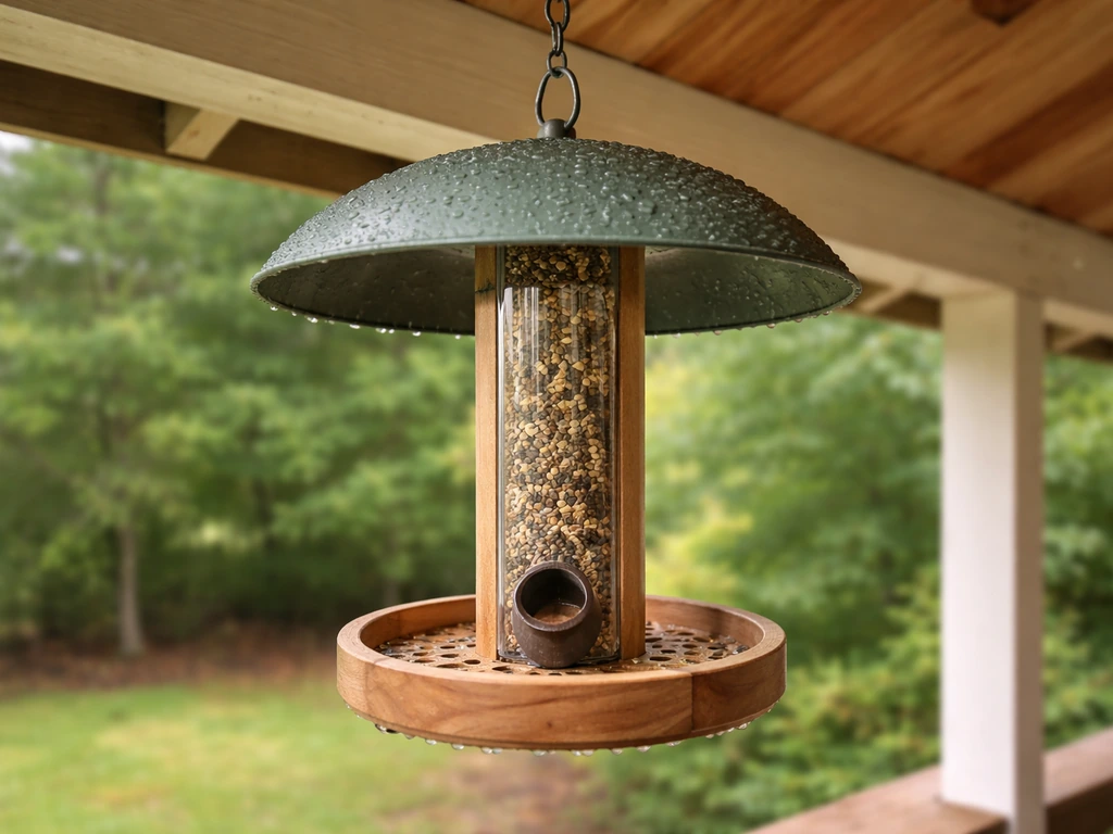 Bird feeder under a wide roof overhang with rain-shed baffle and dry tray, showing minimal wetting.