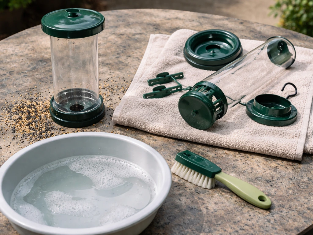 Bird feeder parts emptied and brushed, with a towel-drying setup and scattered seed.