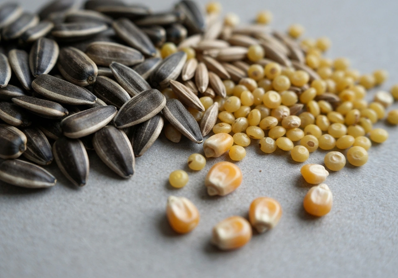 Close-up of mixed bird seed—sunflower, safflower, millet, and corn kernels with detailed textures.