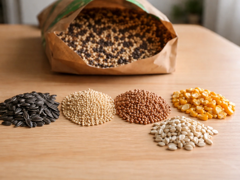 Close-up of mixed bird seed with distinct piles of sunflower, millet, sorghum, safflower, and corn.