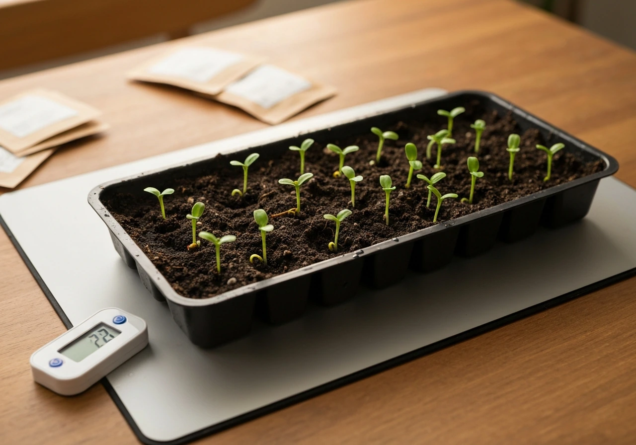Sunflower seeds germinating in a seed tray on a heat mat in a warm, controlled setup