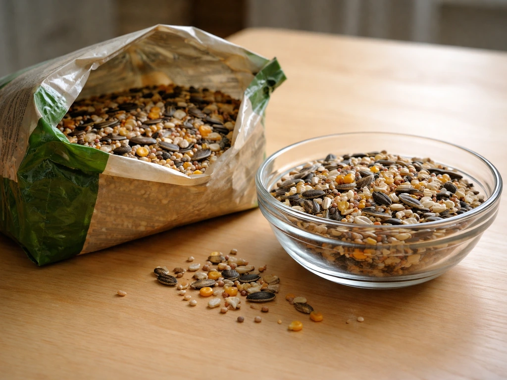 Opened bird-seed bag and a small bowl of mixed seeds on a wooden table for viability sorting.