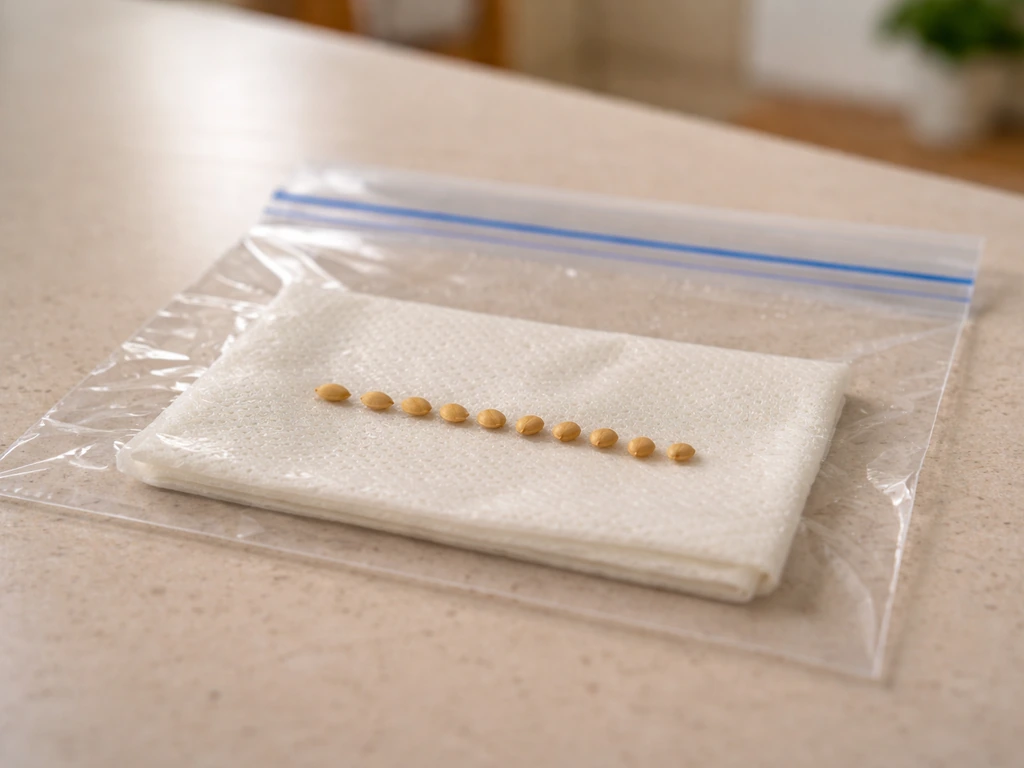 Clear zip-top bag with damp paper towel and seeds inside, ready for germination check.