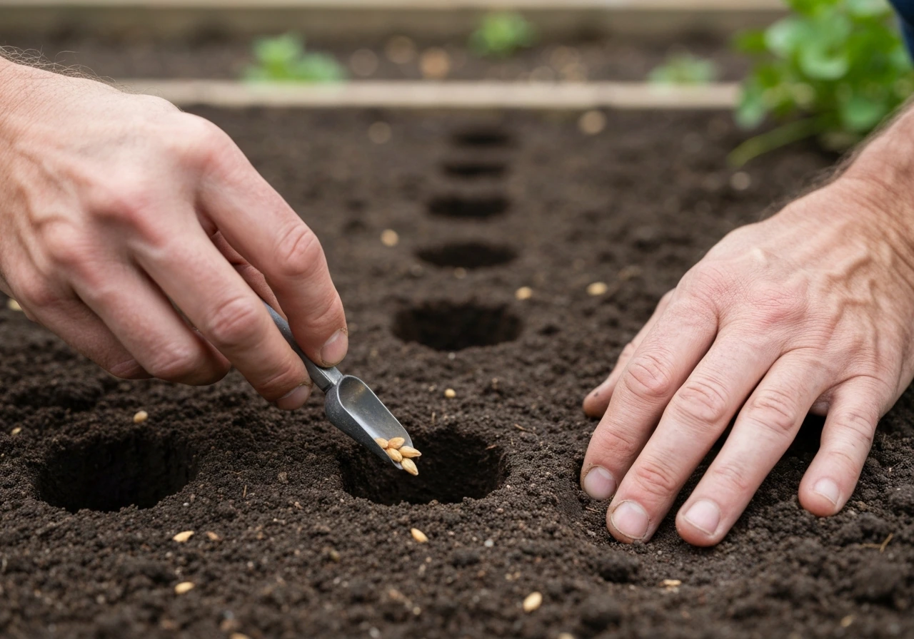 Anonymous hands directly sowing bird seed into small holes in garden soil outdoors