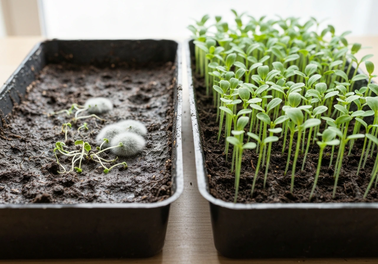Seedling tray showing moldy, collapsed seedlings at soil level next to healthier green sprouts.