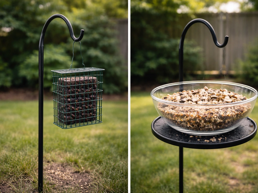 Backyard feeder setup split view: suet cage on one side, bird seed bowl on the other.