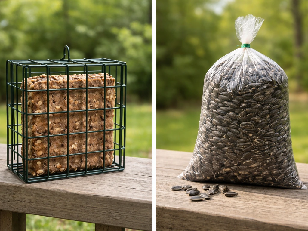 Split image showing a suet cake in a wire cage next to a container of black-oil sunflower seed