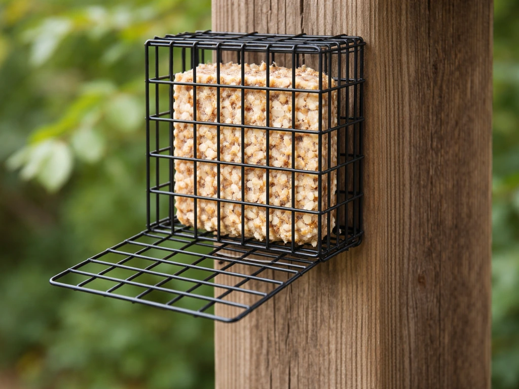 Close-up of a wire cage suet feeder with a bird-friendly tail-prop on a vertical surface