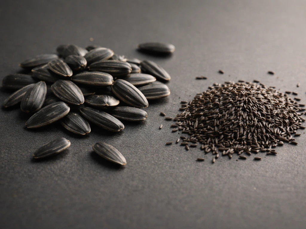 Macro photo of black-oil sunflower seeds and nyjer/thistle seeds on a dark surface