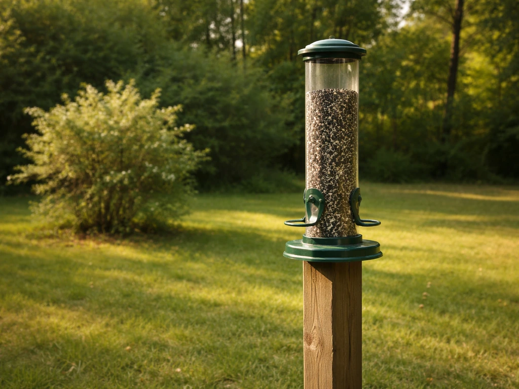 Backyard tube seed feeder mounted on a post above ground with nearby shrubs in view
