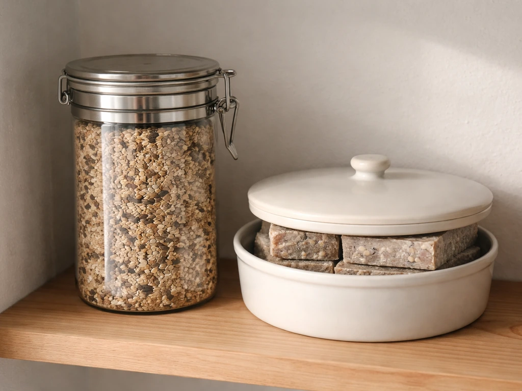 Sealed rigid container of bird seed beside covered suet cakes in a cool, dry storage area