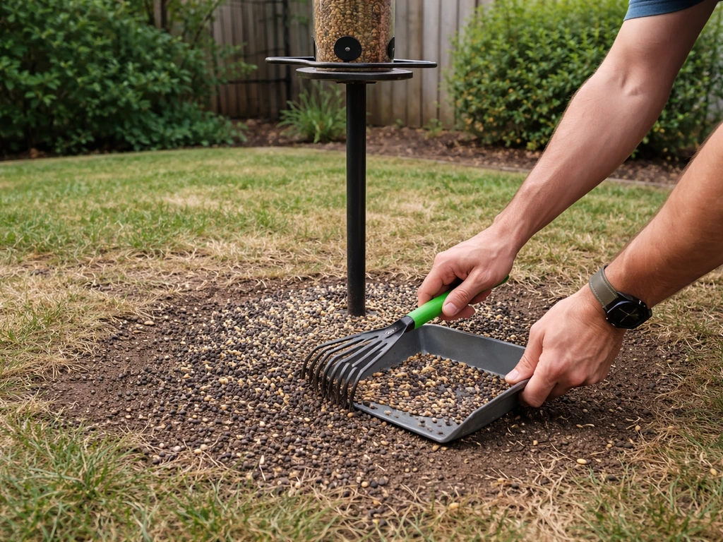 Hands rake and scoop seed hulls and droppings from the ground beneath a bird feeder.