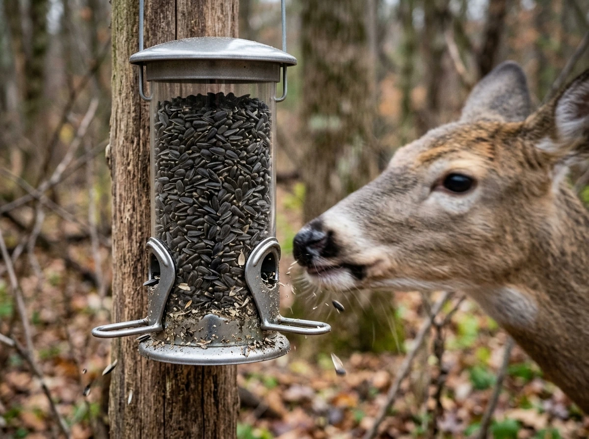Deer sniffing near a feeder loaded with black-oil sunflower seeds