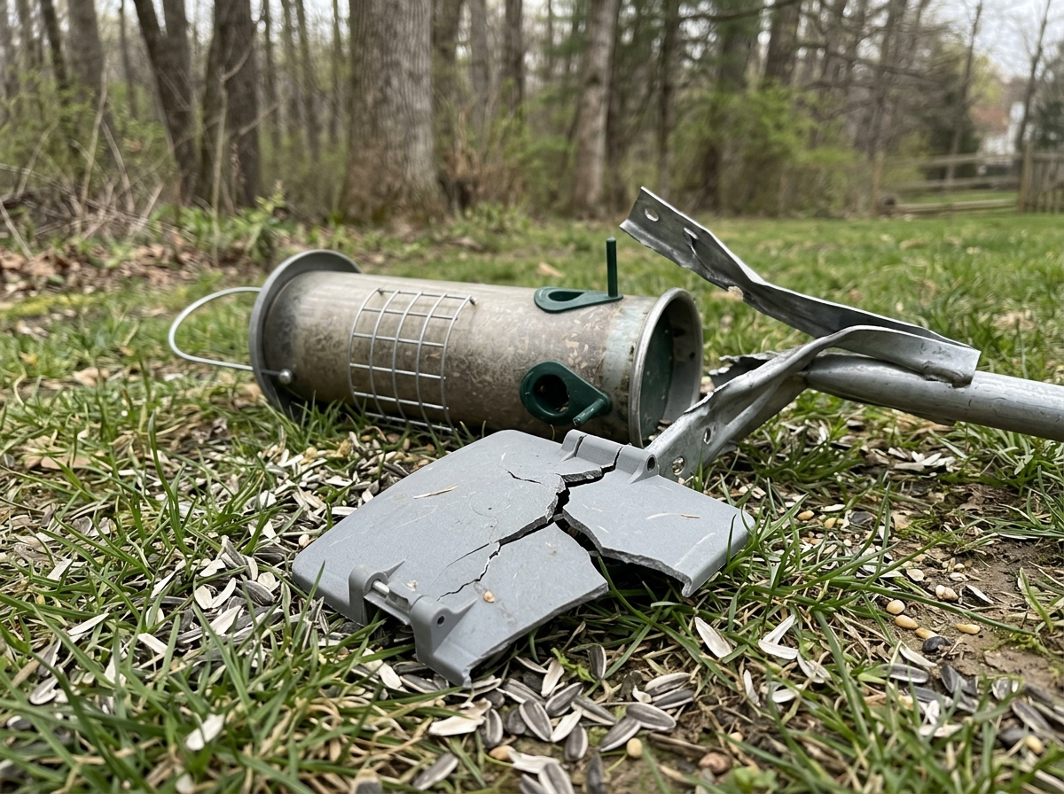 Toppled, broken bird feeder with scattered seed hulls on grass
