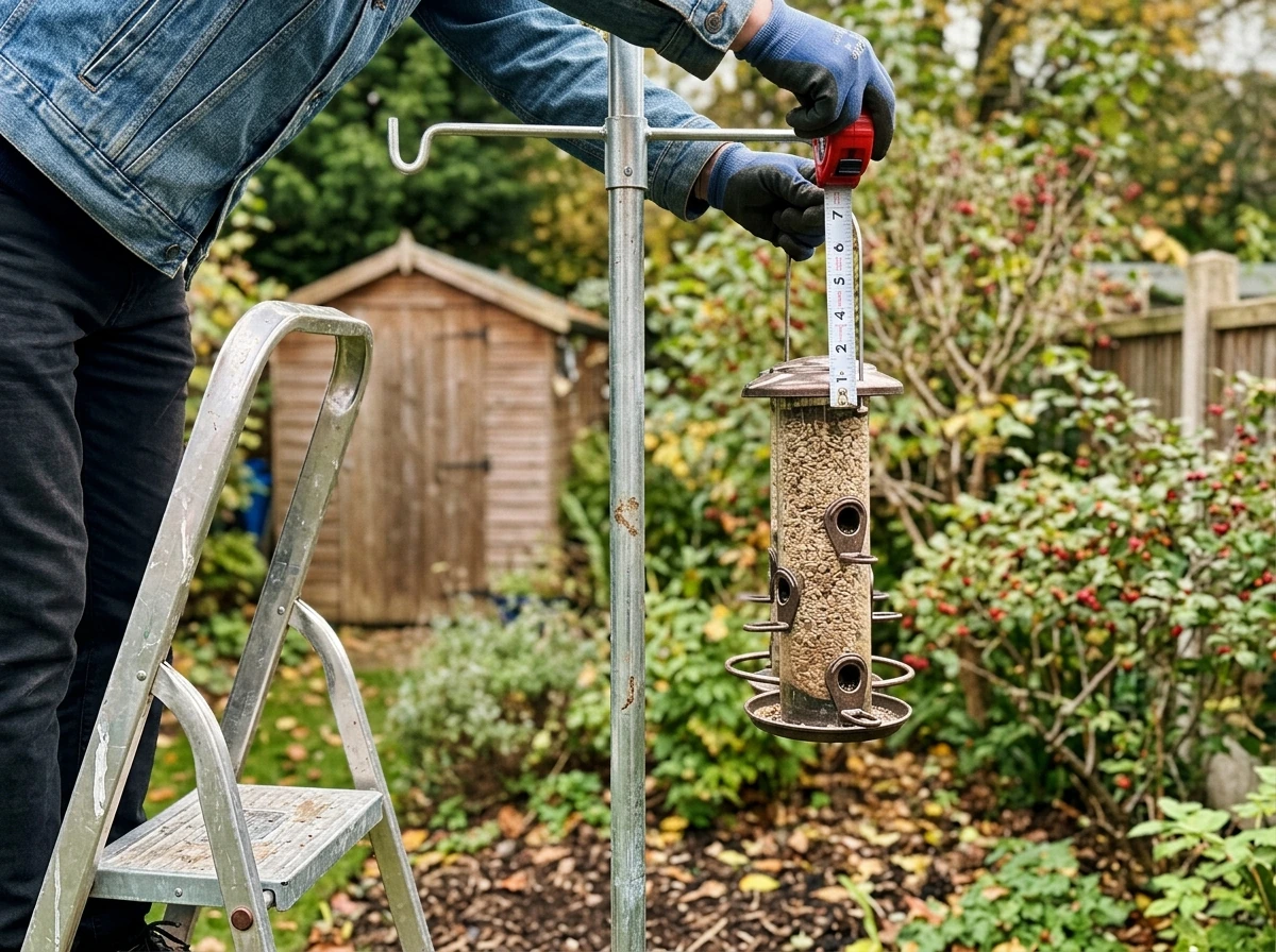 Feeder being raised on a pole with height measured at 6–7 feet