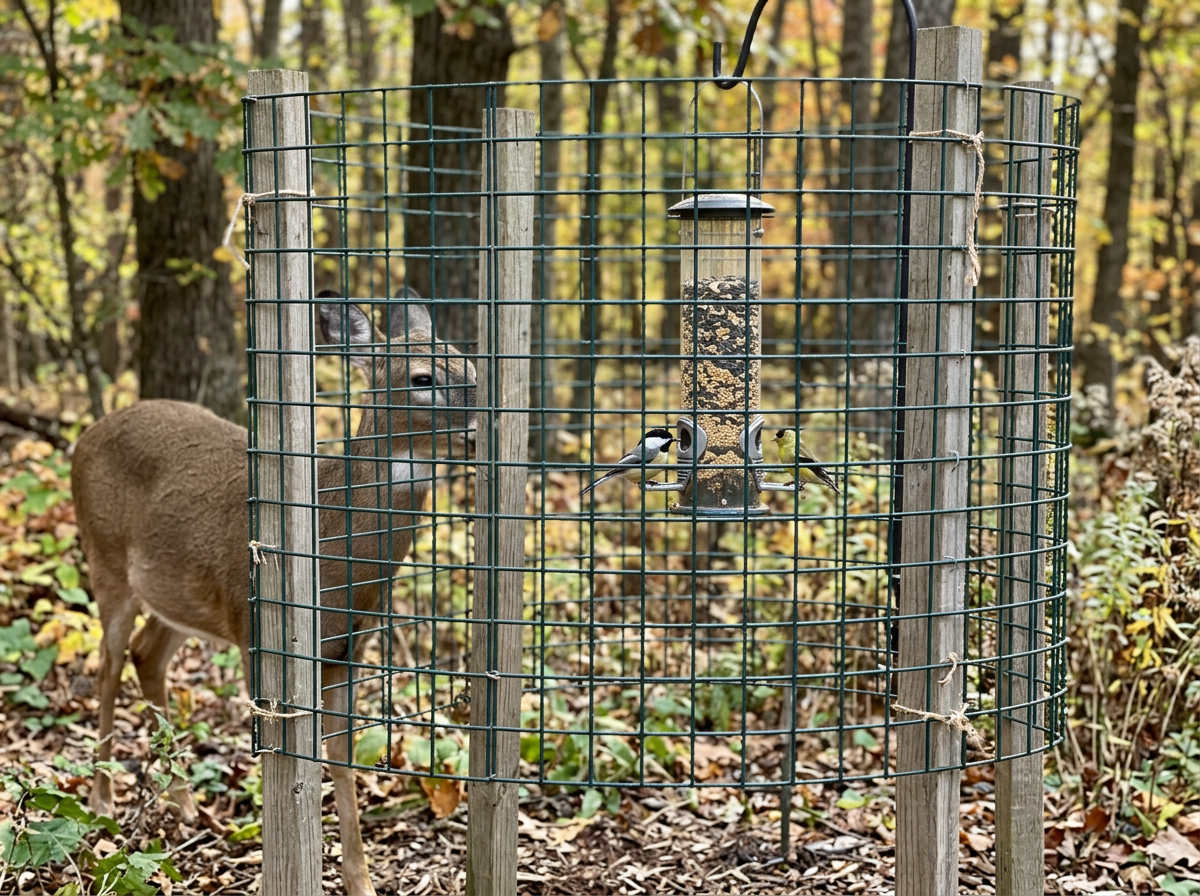 Wire mesh exclusion cage around feeder allowing small birds access