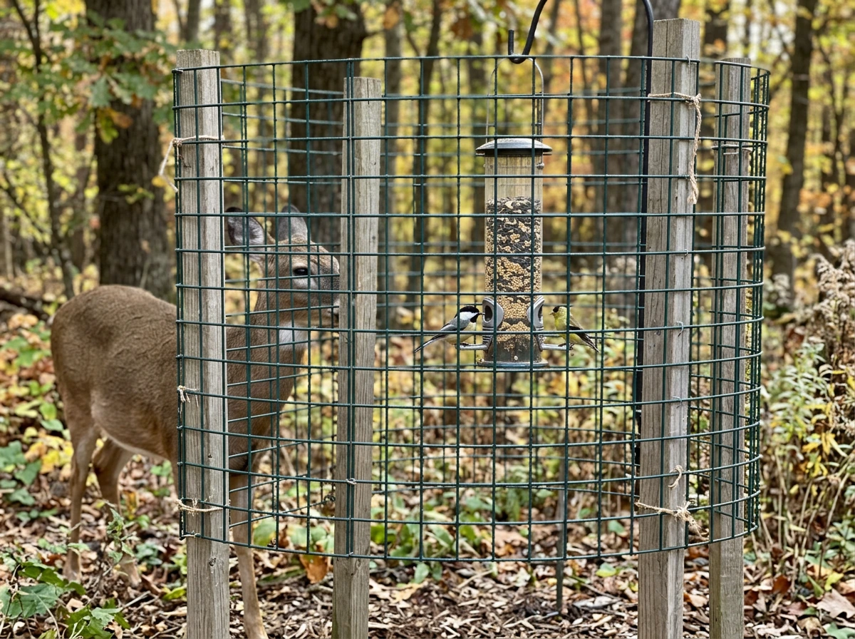 Wire mesh exclusion cage around feeder allowing small birds access