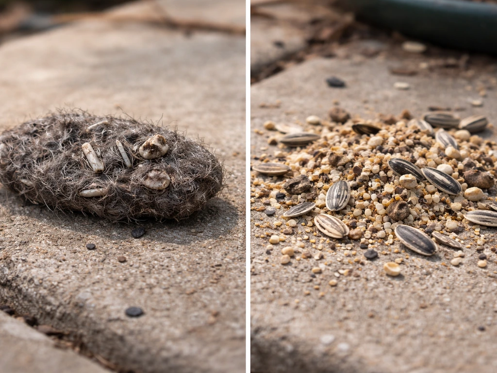 Close-up split view of owl pellet debris and seed feeder waste on a patio near a bird feeder