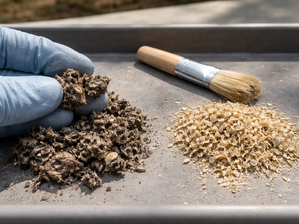 Gloved fingers and a small brush show damp pellet crumbs versus dry papery millet husks in a tray.