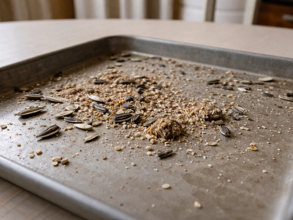 Seed feeder waste spread on a tray: sunflower shells, millet husks, and clumped seed bits.