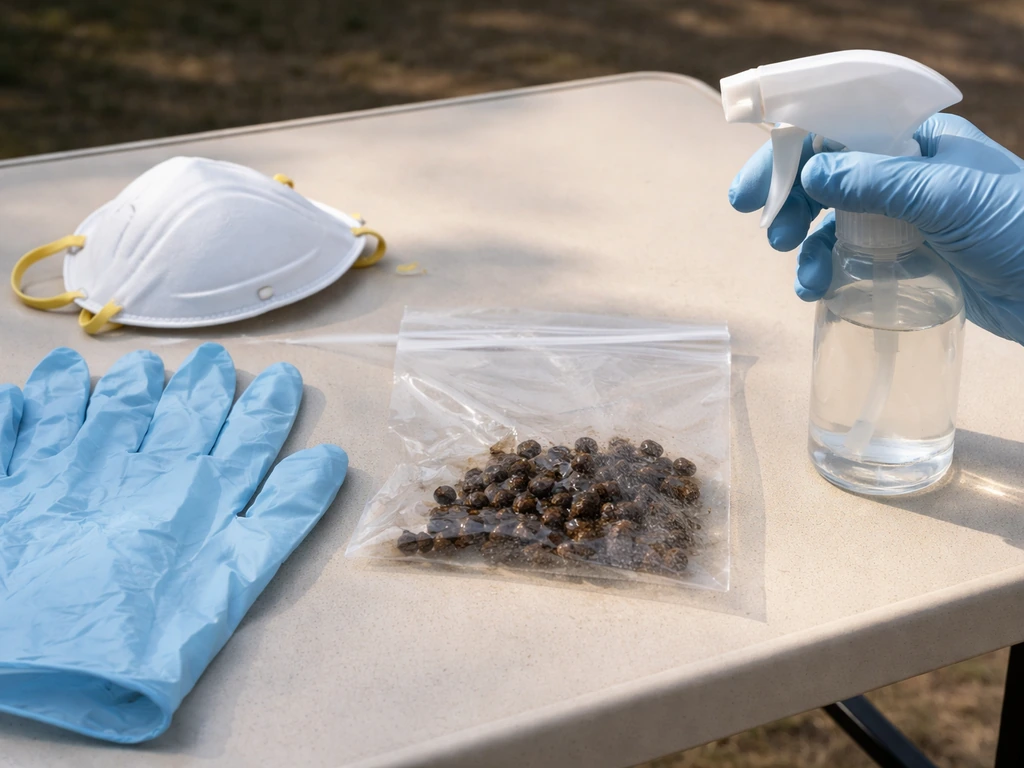 Gloved hands and N95 respirator beside a small baggie; owl/rabbit pellets lightly wetted to prevent dust.