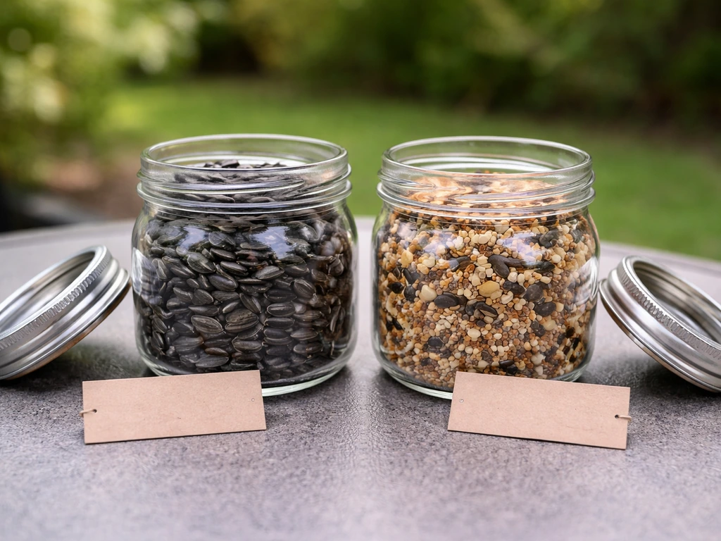 Two glass jars side-by-side showing black-oil sunflower seeds and mixed bird seed on a patio table.