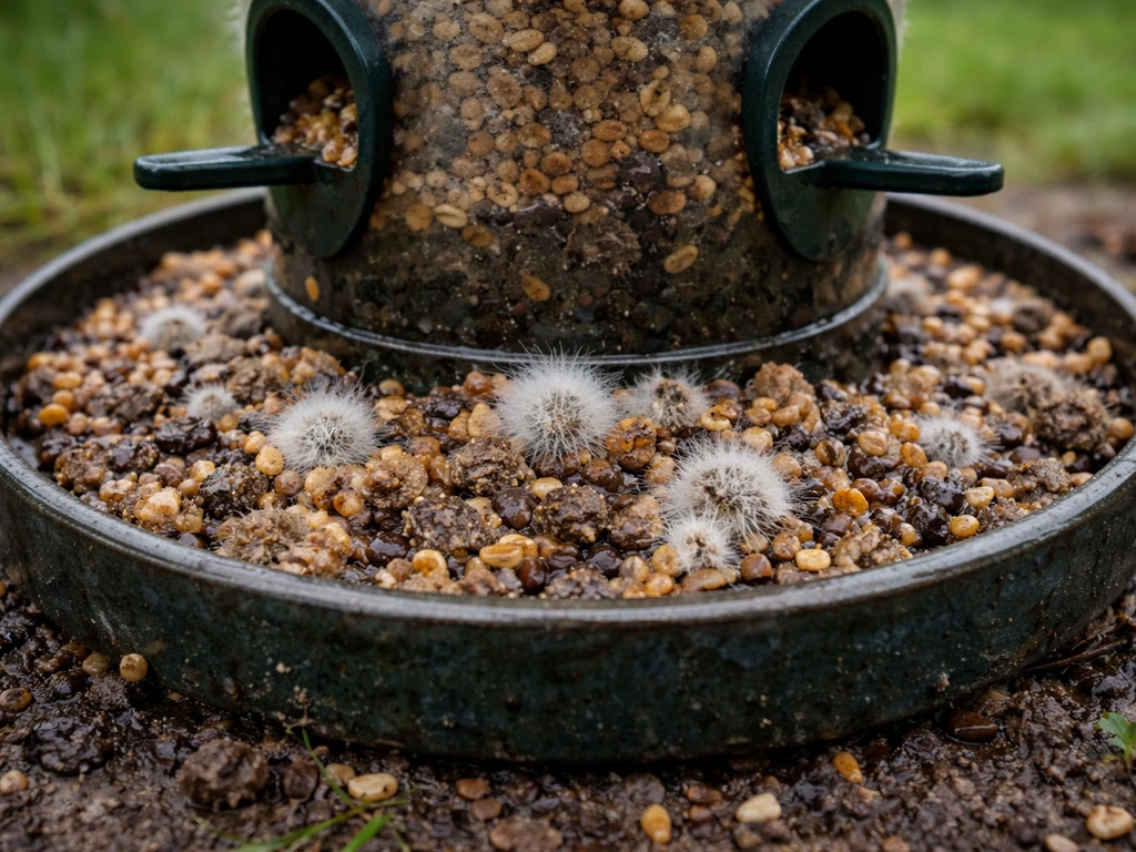 Close-up of wet birdseed with white fuzzy mold clumped inside and around a feeder base