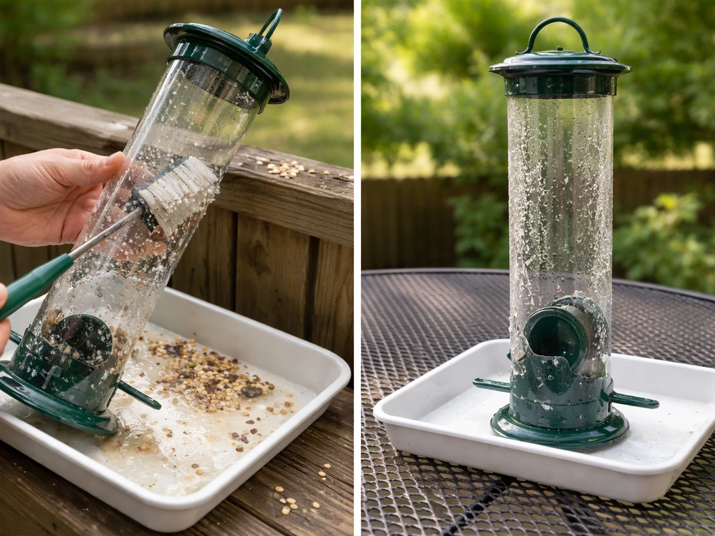 Clean bird feeder being scrubbed and rinsed, with a tray catching seed hulls below.