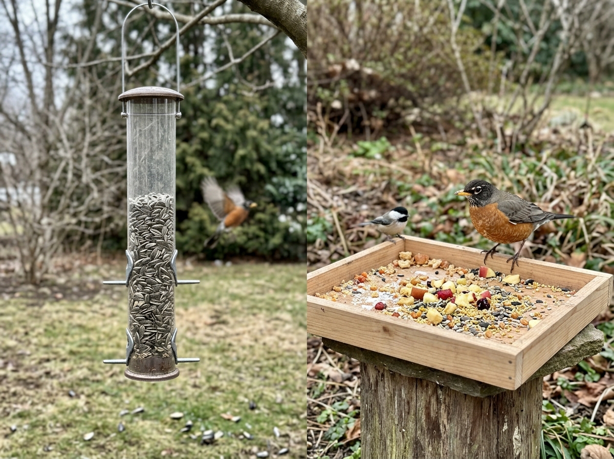 Tube feeder with hard seed vs platform tray that robins can land on