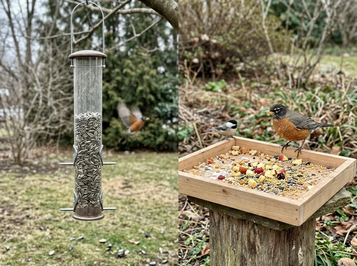 Tube feeder with hard seed vs platform tray that robins can land on