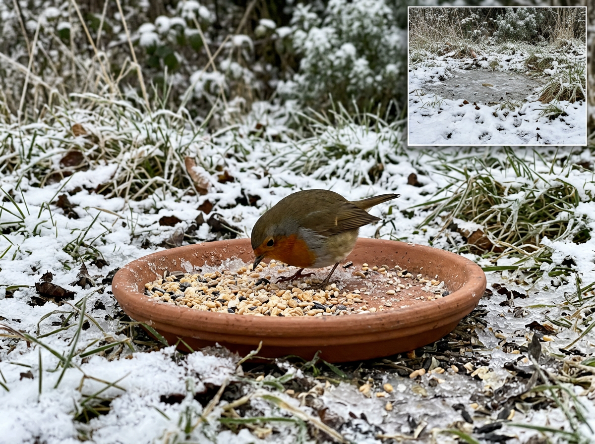 Robin feeding on a flat ground tray in a snowy yard
