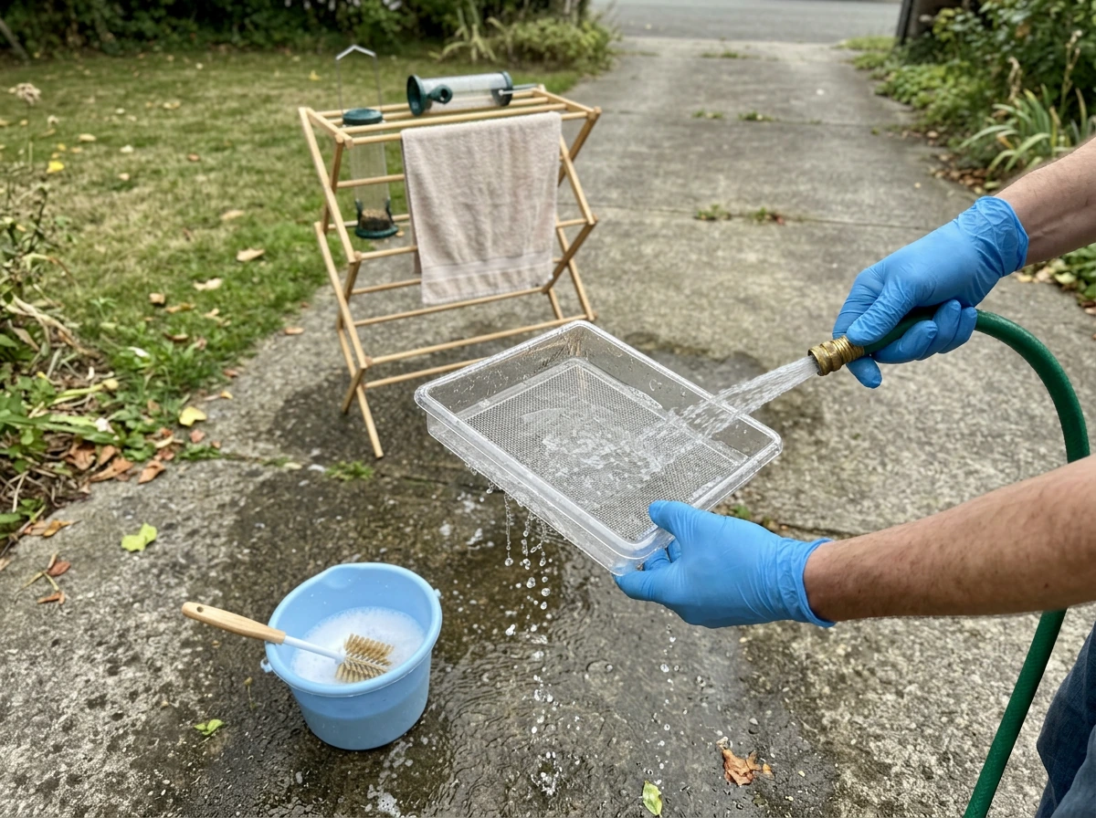 Cleaning a bird seed tray with water and brush for hygiene