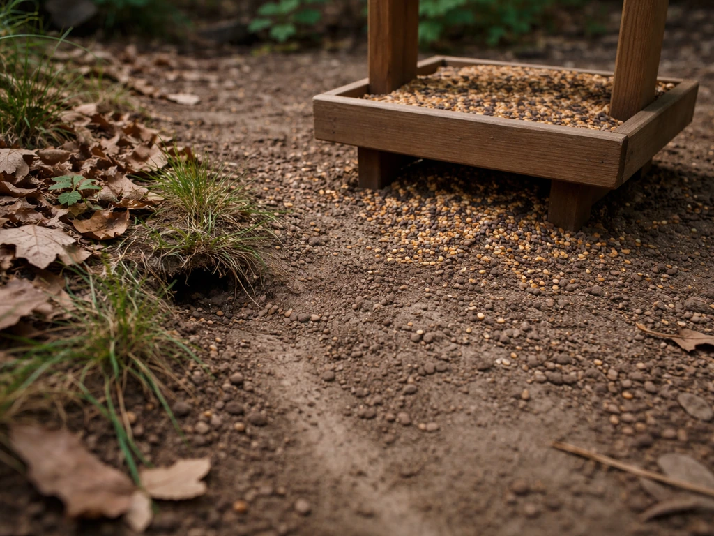 Ground-level backyard bird feeder with spilled bird seed and subtle tunnel-like vole activity near low cover.