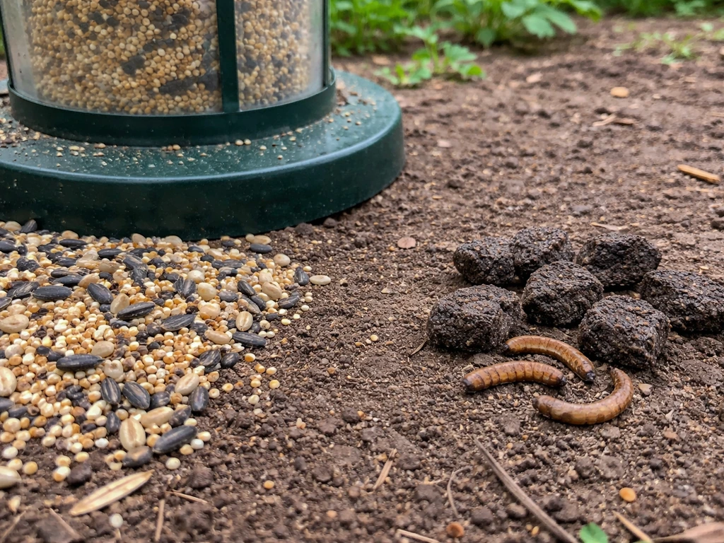 Backyard feeder base with vole-friendly millet/sunflower seeds on one side and suet/mealworms kept apart.