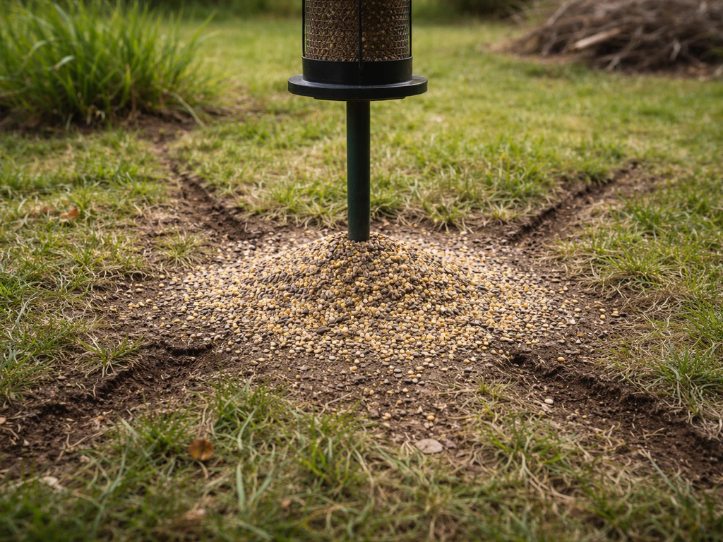 Ground-level bird feeder with spilled seed, seed hull “kill zone,” and dirt runways leading to cover