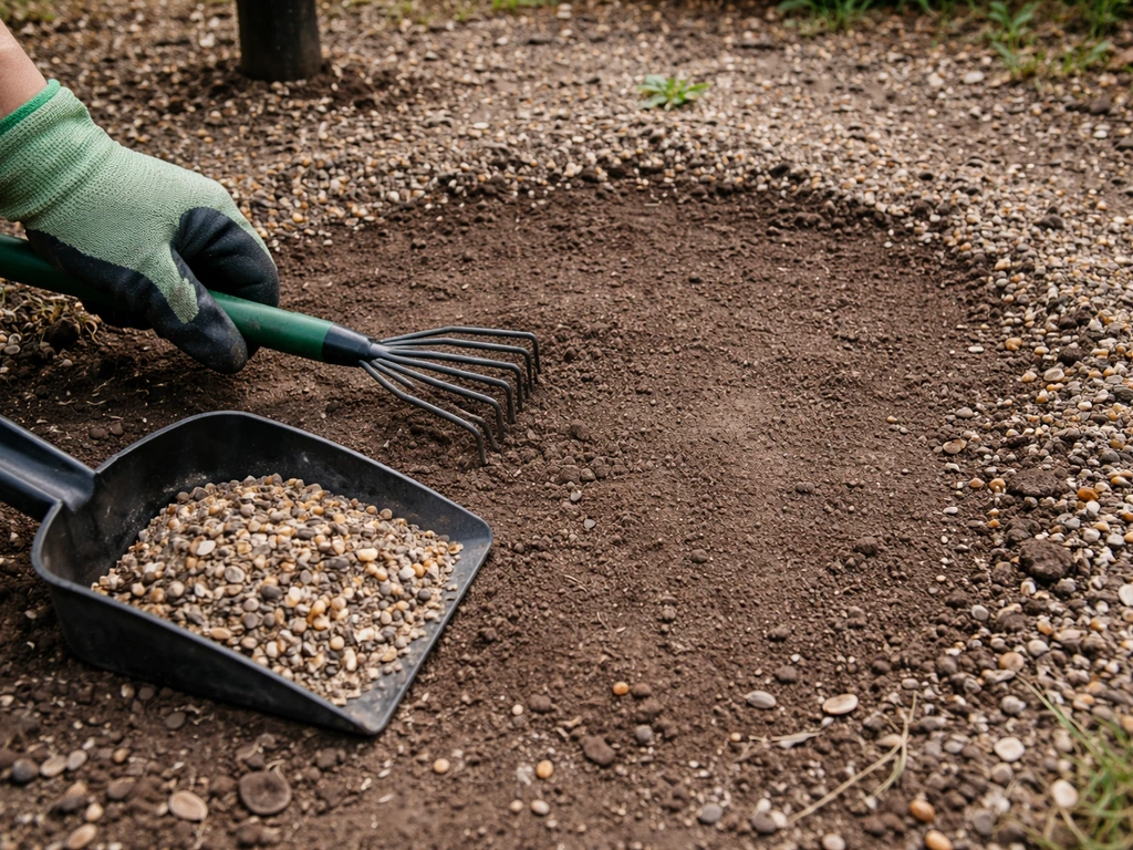 Gloved hand rakes seed hulls from soil beneath a bird feeder, leaving a freshly cleaned spot.