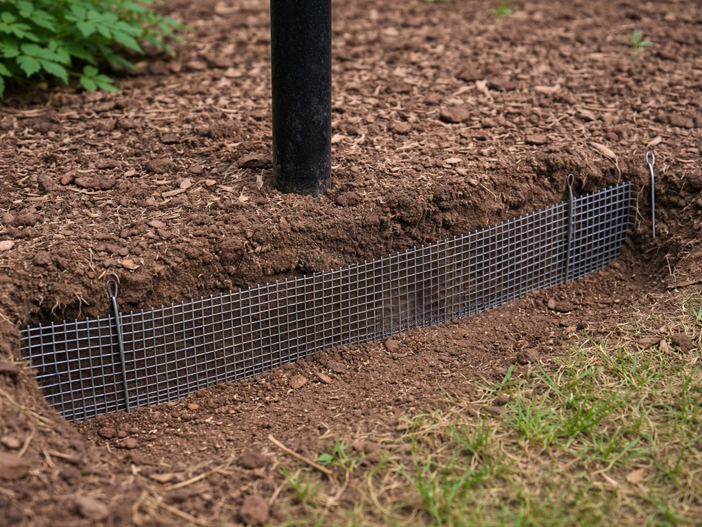 Bird feeder base with 1/4-inch hardware cloth barrier buried around it to block voles.
