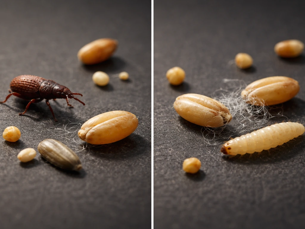 Macro photo comparing a long-snouted grain weevil, moth larva, and slight silky webbing on bird seed.
